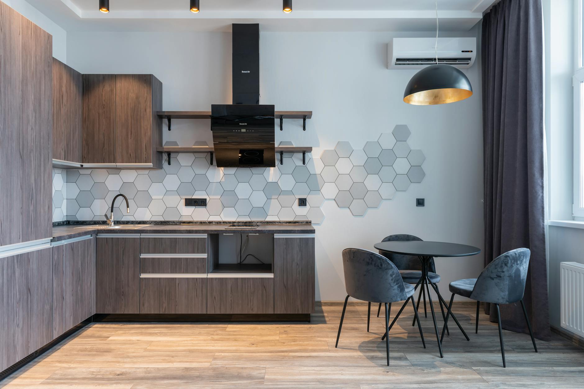 modern kitchen interior with furniture and lamp at home