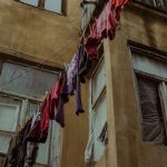 low angle shot of clothesline with hanging fabric
