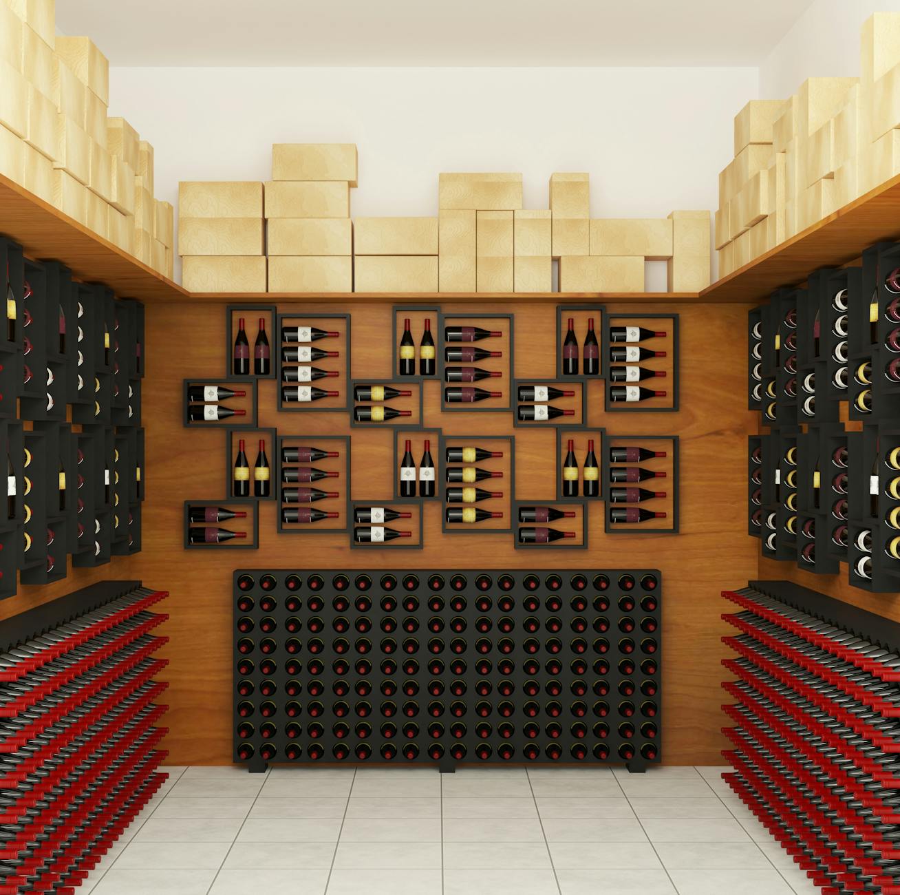 black wooden wine shelves on brown wall
